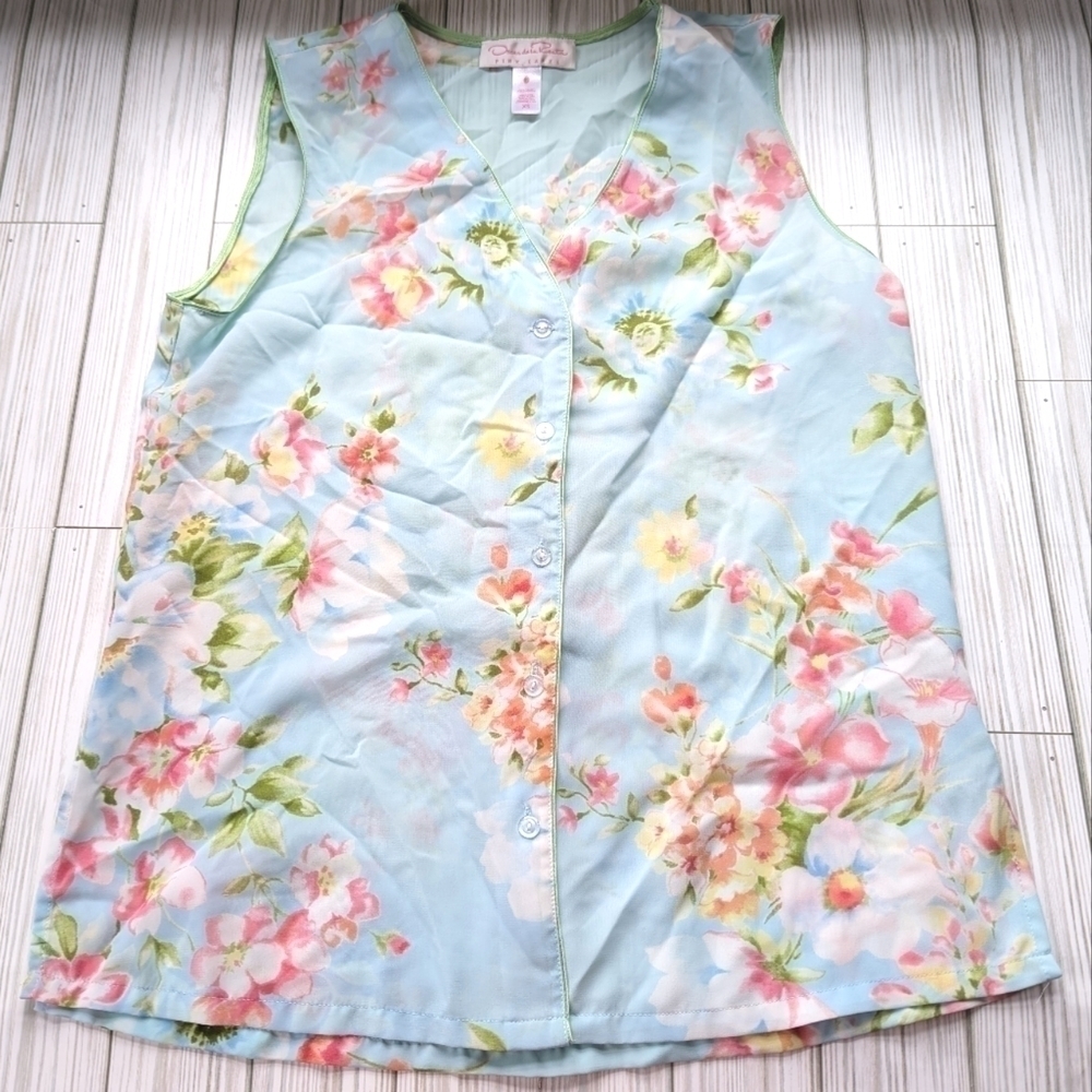 Oscar De La Renta Pink Label Floral Button Down Tank Vest in Blue Size XS - Picture 10 of 12